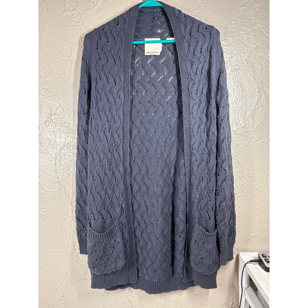 Rebecca Taylor Open-Knit Open Front Cardigan Sweater Gray Size L